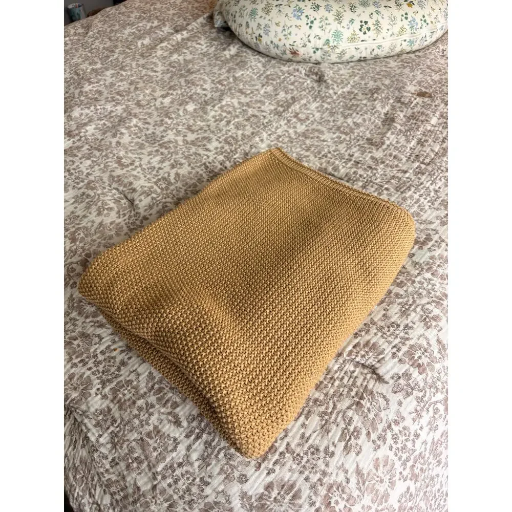 Vintage Chunky Knit Throw Blanket 62x54 Camel Tan Heavy Garter Knit Neutral